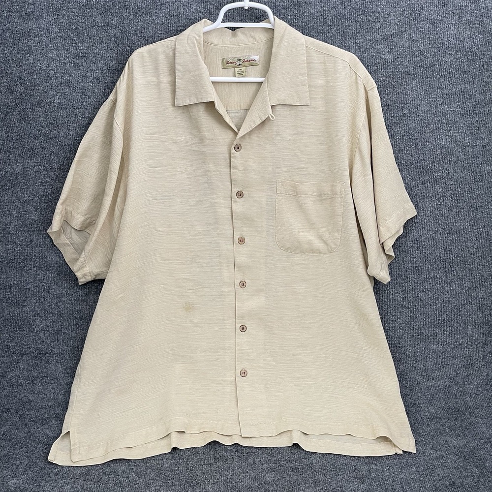 Tommy Bahama Hawaiian Shirt Mens Sz 2XL Button Up Vacation Bikinitini Beige